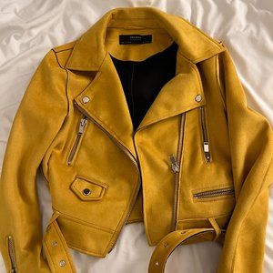 Zara Basic Faux Suede Moto Mustard Yellow Jacket SMALL